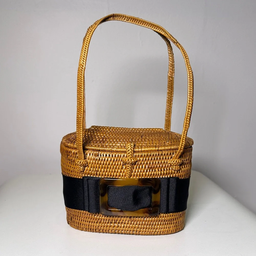 Chic Tan Woven Mini Bag with Black Accent - Picture 1 of 15